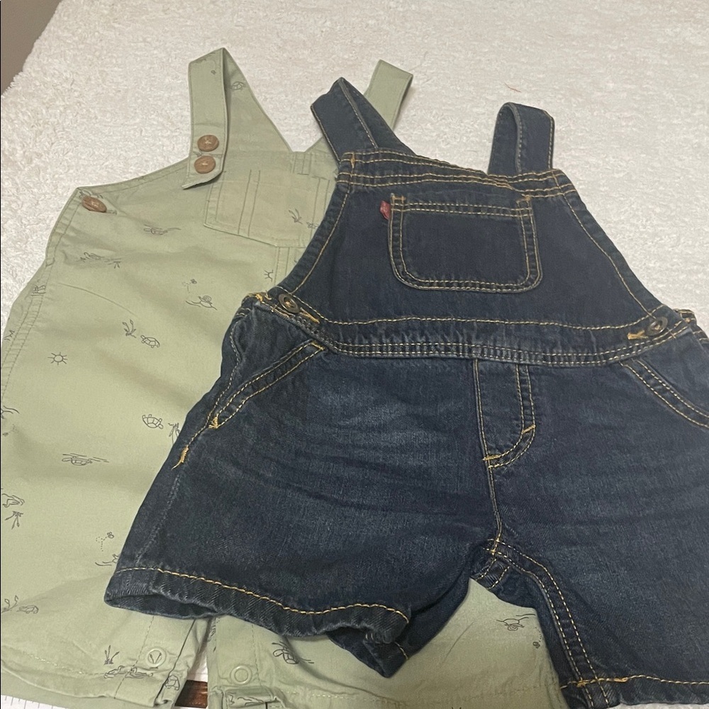 Carter's Dark Denim and Light Green Overalls - Picture 1 of 7
